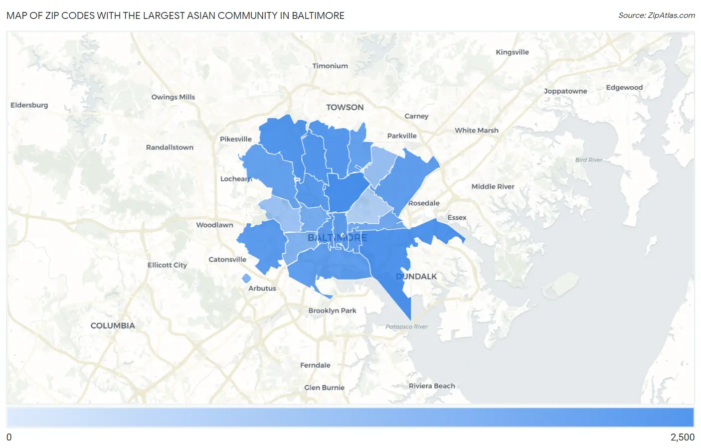 Zip Codes with the Largest Asian Community in Baltimore Map