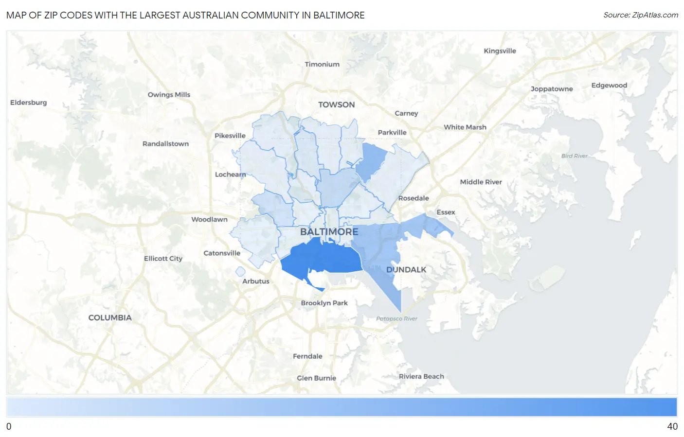 Zip Codes with the Largest Australian Community in Baltimore Map