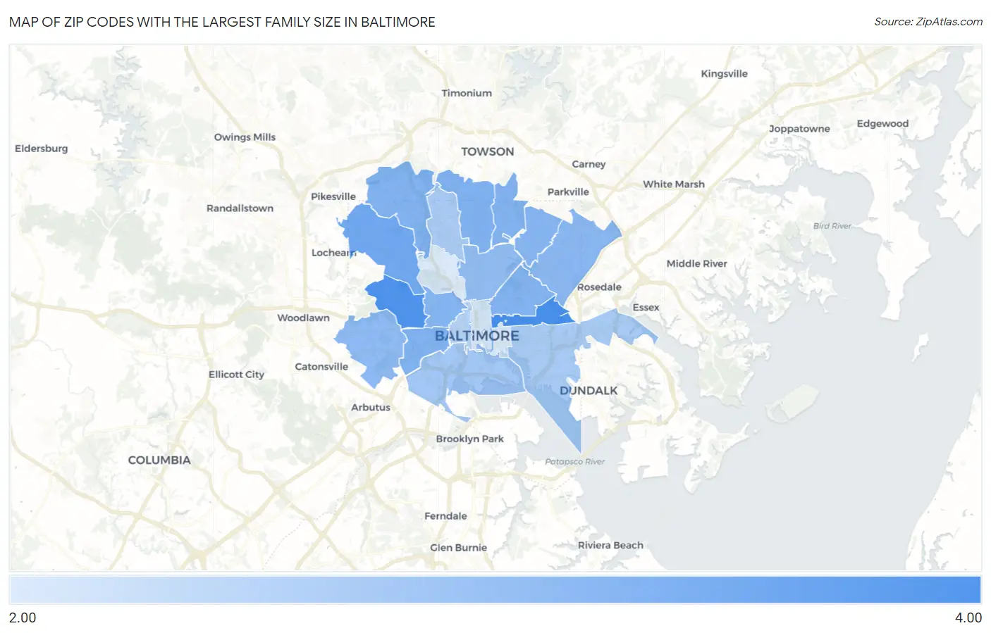 Zip Codes with the Largest Family Size in Baltimore Map