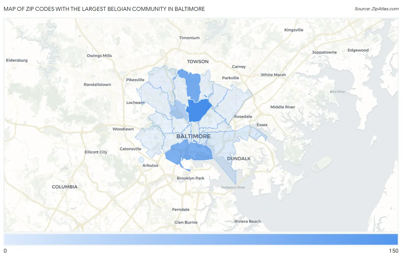 Zip Codes with the Largest Belgian Community in Baltimore Map
