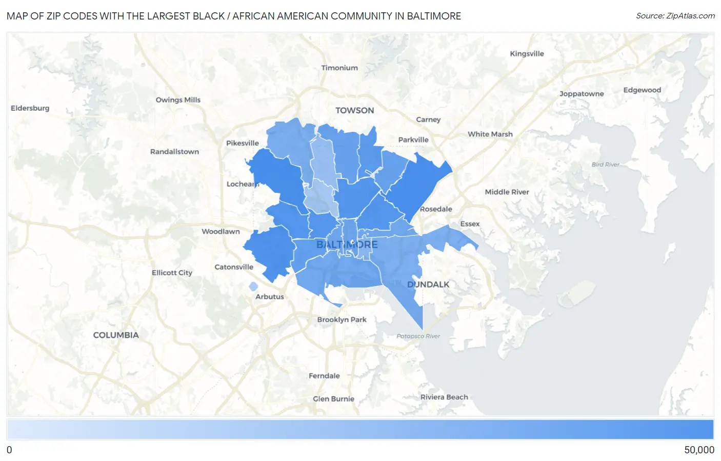 Zip Codes with the Largest Black / African American Community in Baltimore Map