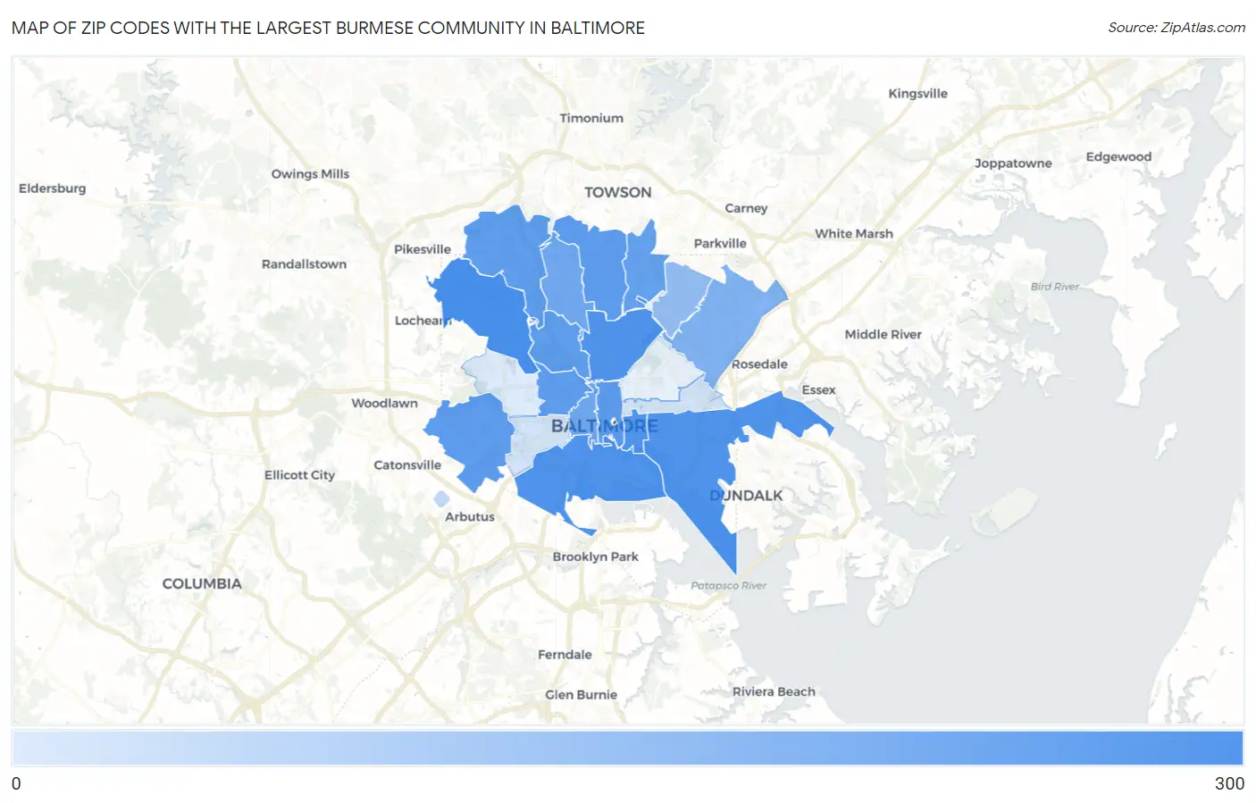 Zip Codes with the Largest Burmese Community in Baltimore Map