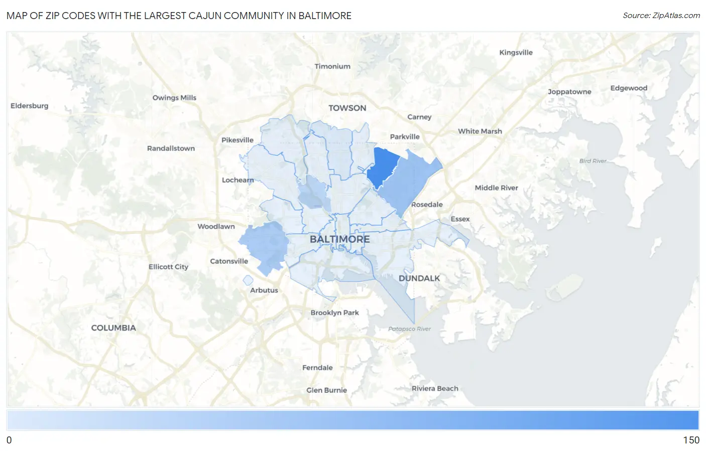Zip Codes with the Largest Cajun Community in Baltimore Map