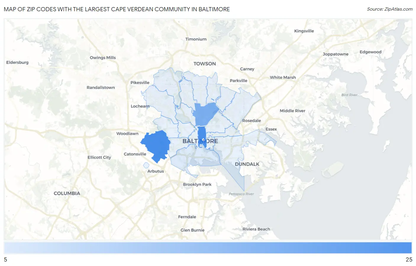 Zip Codes with the Largest Cape Verdean Community in Baltimore Map