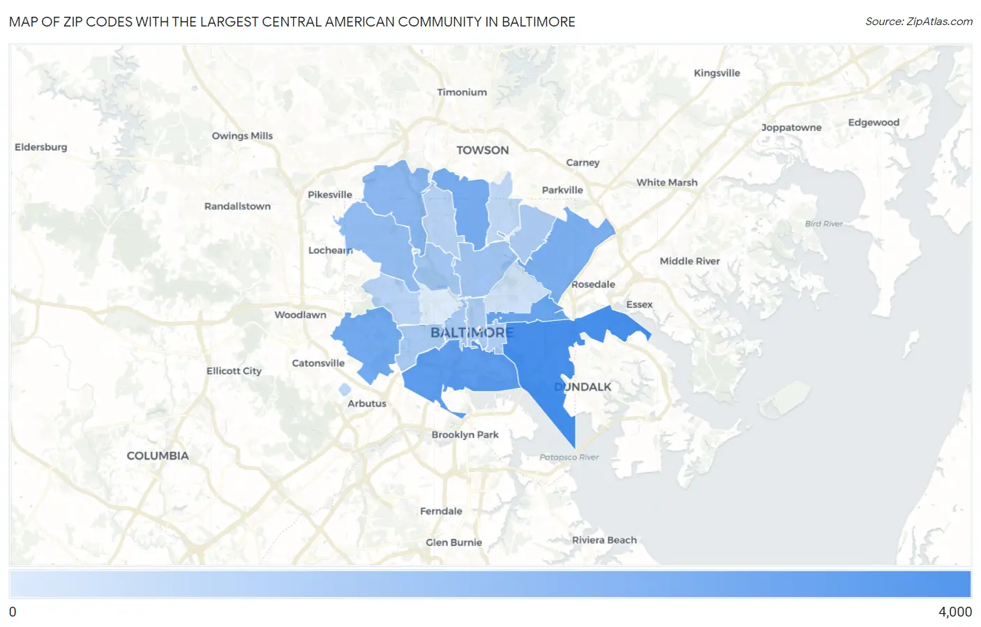 Zip Codes with the Largest Central American Community in Baltimore Map