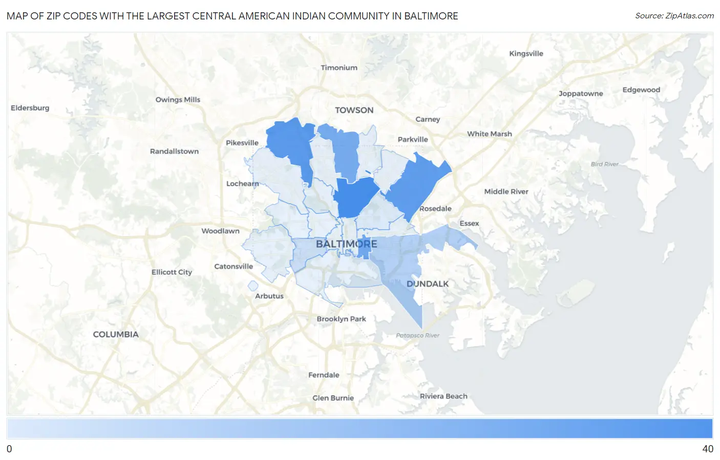 Zip Codes with the Largest Central American Indian Community in Baltimore Map