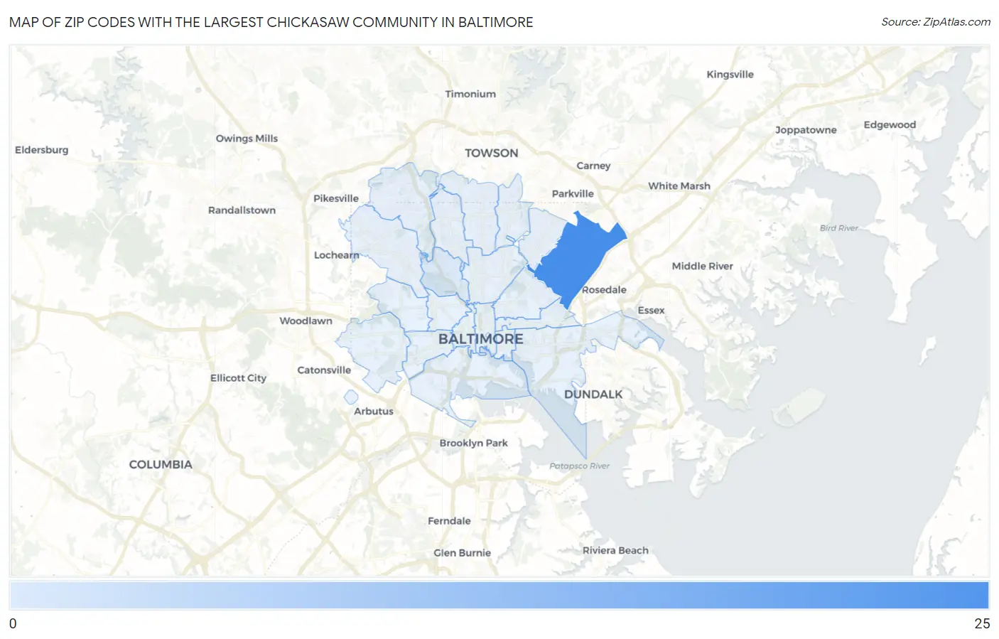 Zip Codes with the Largest Chickasaw Community in Baltimore Map