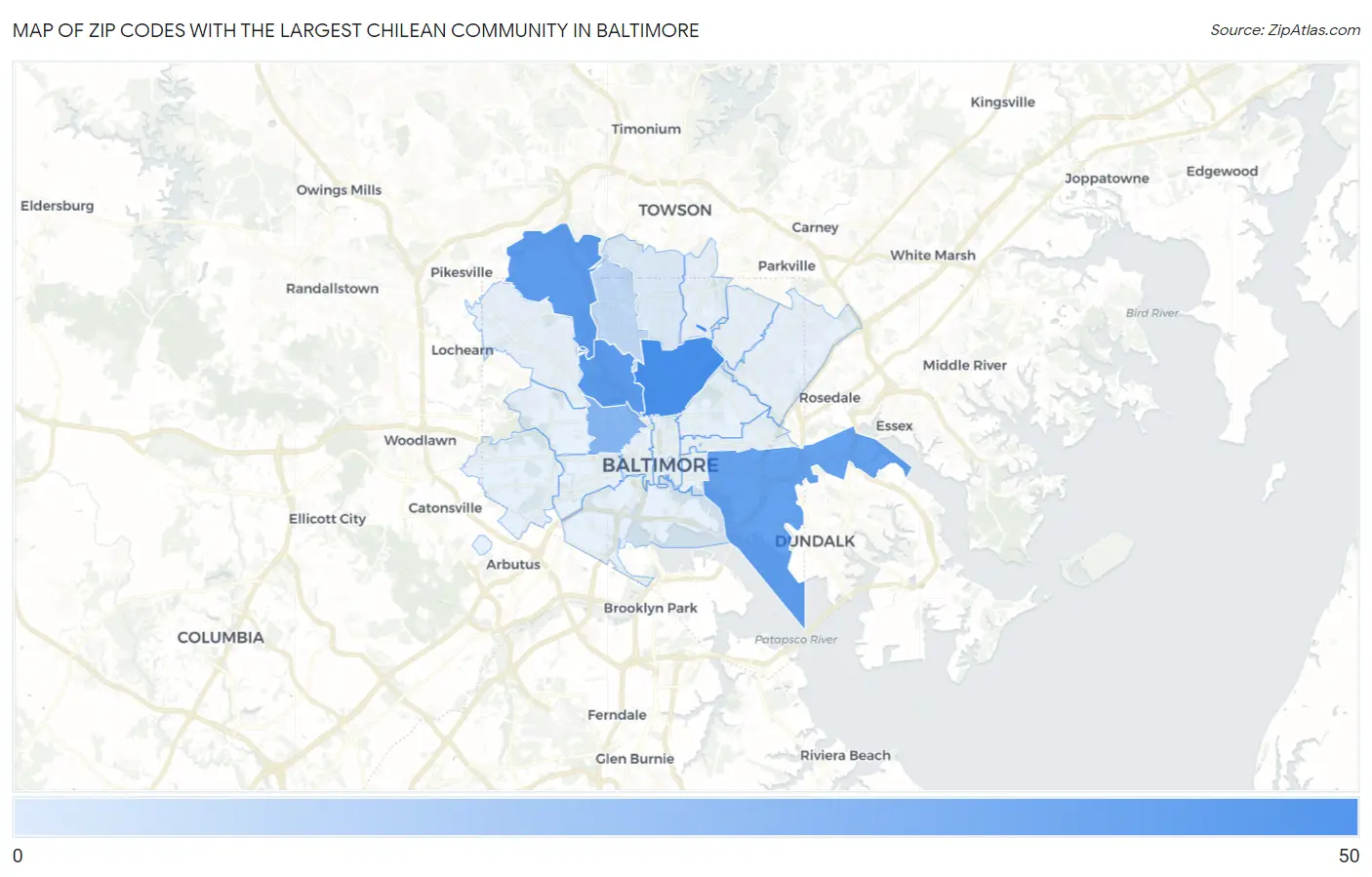 Zip Codes with the Largest Chilean Community in Baltimore Map