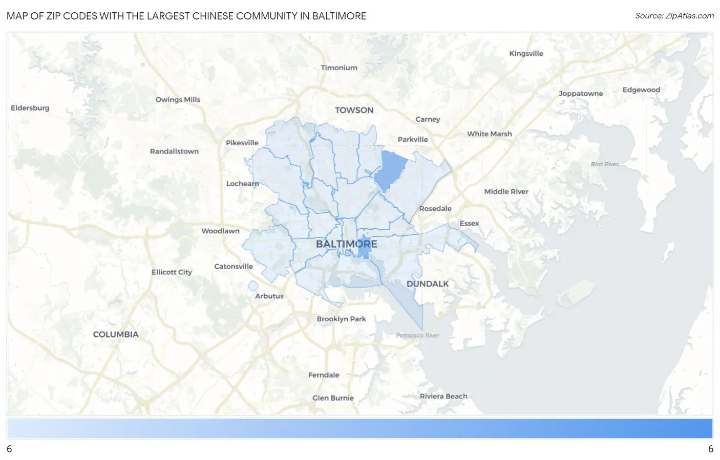 Zip Codes with the Largest Chinese Community in Baltimore Map