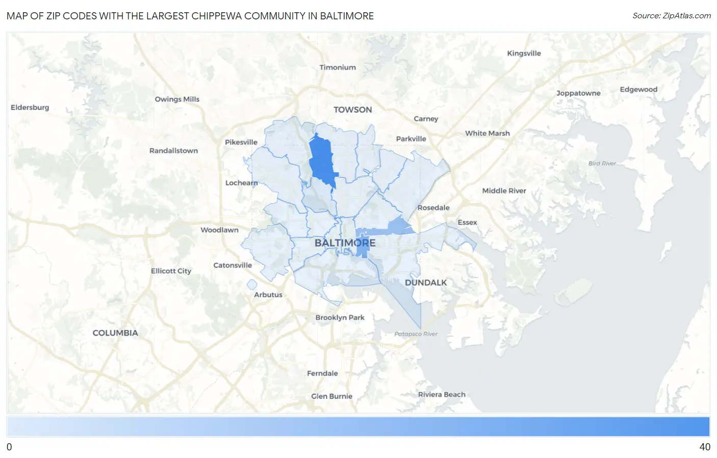 Zip Codes with the Largest Chippewa Community in Baltimore Map