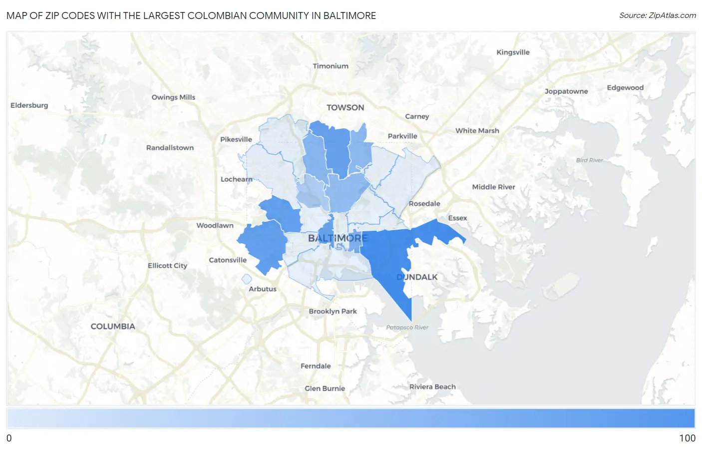 Zip Codes with the Largest Colombian Community in Baltimore Map