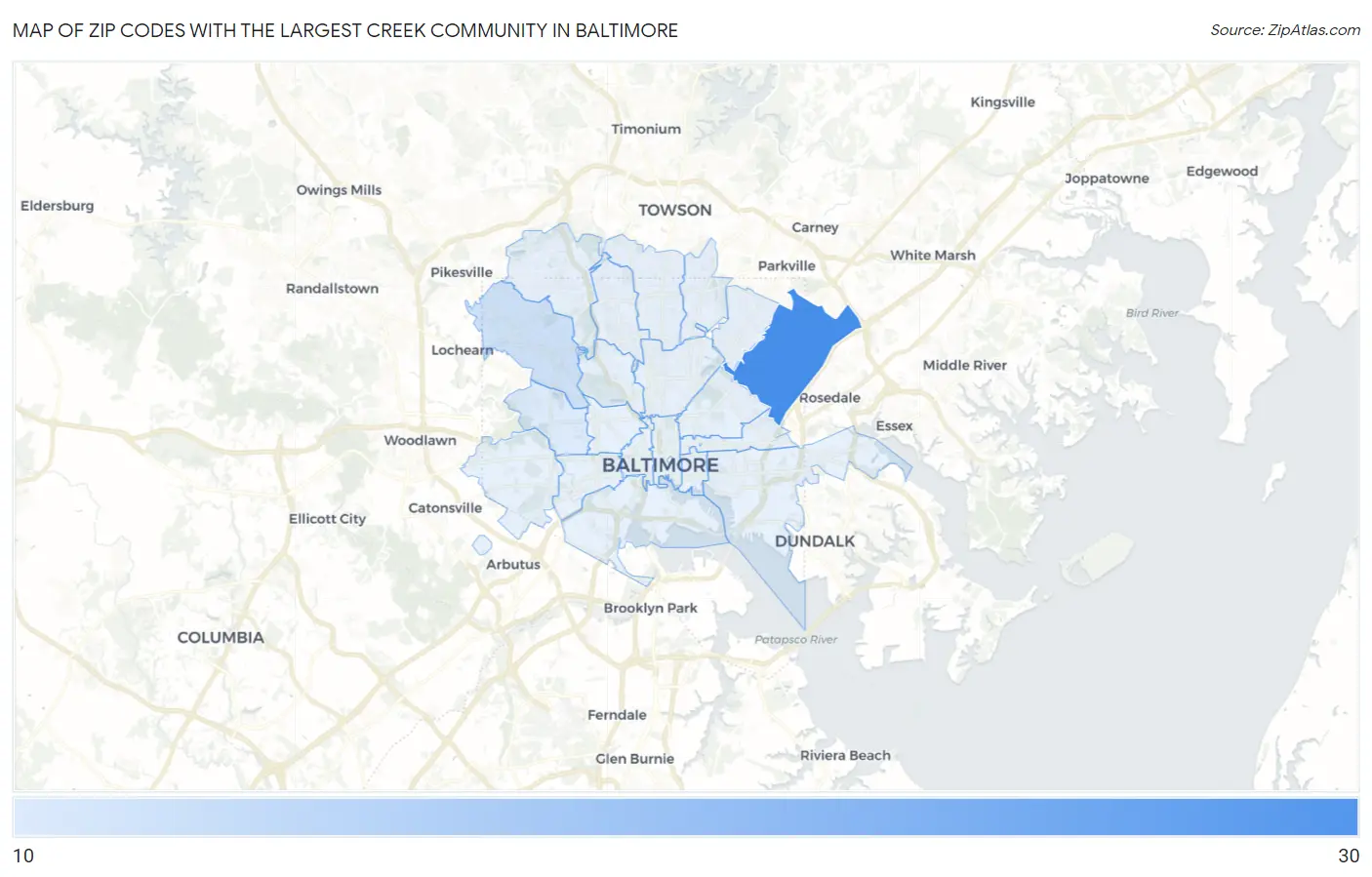 Zip Codes with the Largest Creek Community in Baltimore Map