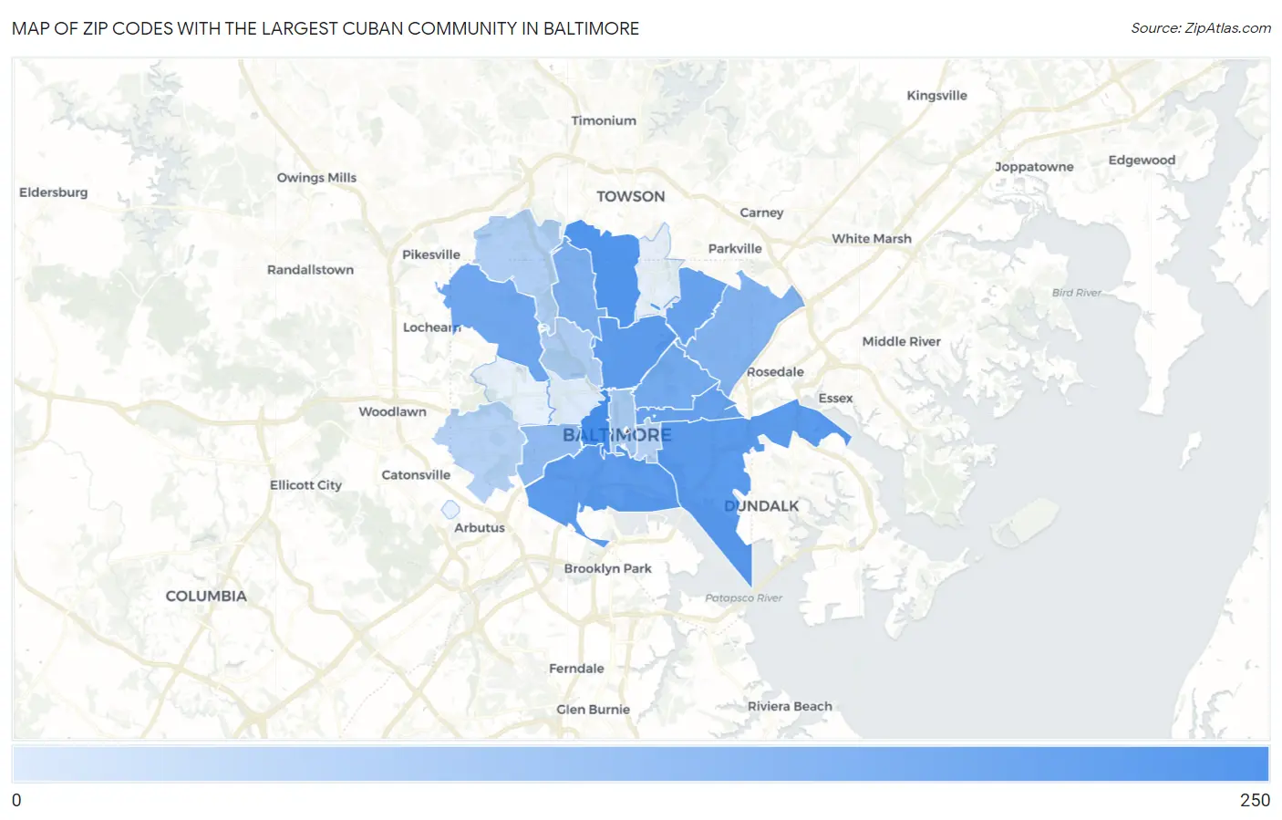 Zip Codes with the Largest Cuban Community in Baltimore Map