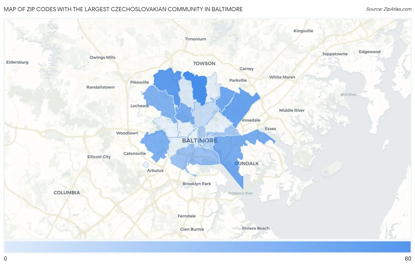Zip Codes with the Largest Czechoslovakian Community in Baltimore Map