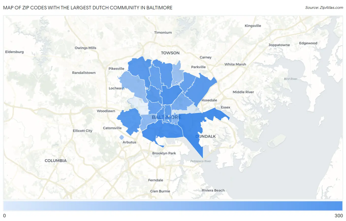 Zip Codes with the Largest Dutch Community in Baltimore Map