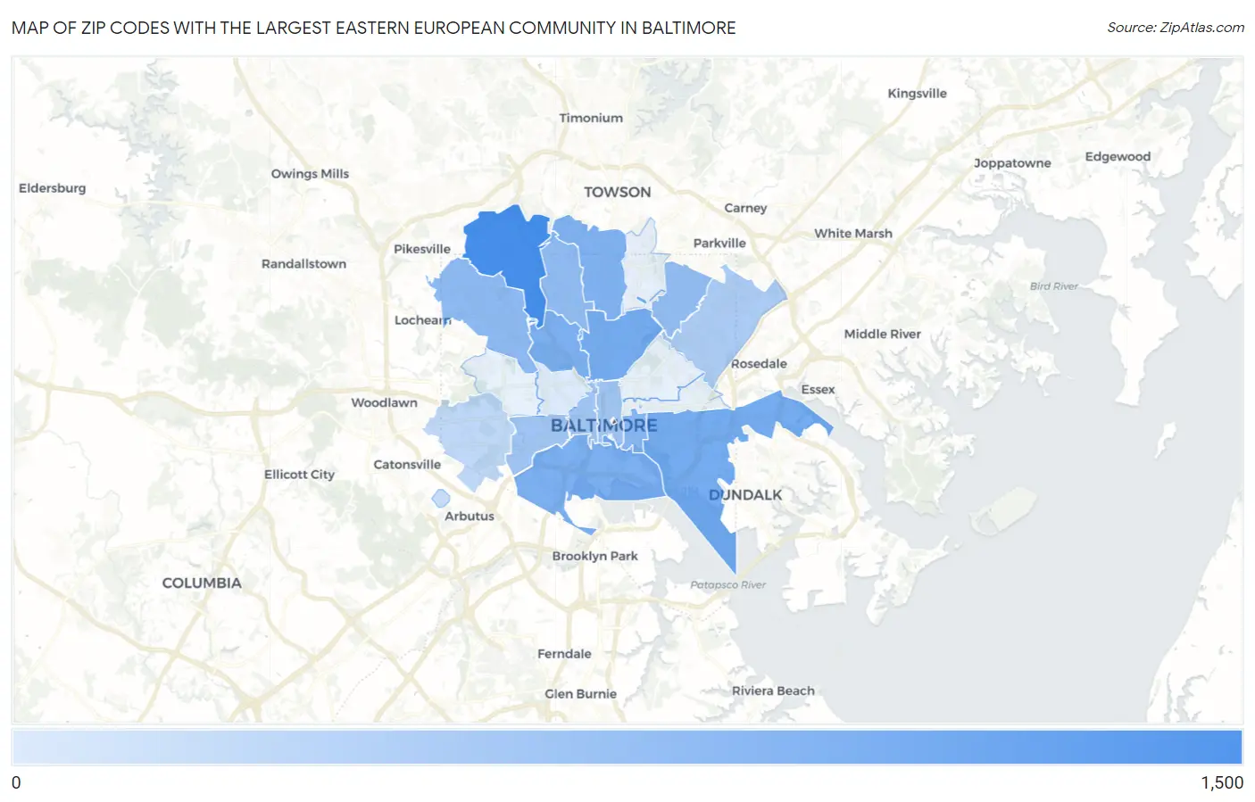 Zip Codes with the Largest Eastern European Community in Baltimore Map