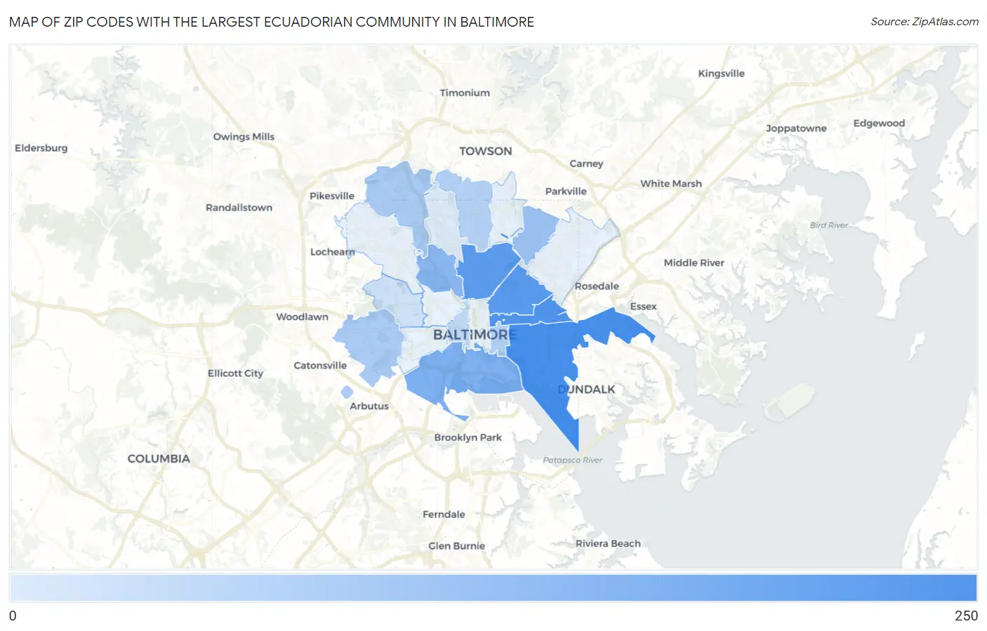 Zip Codes with the Largest Ecuadorian Community in Baltimore Map