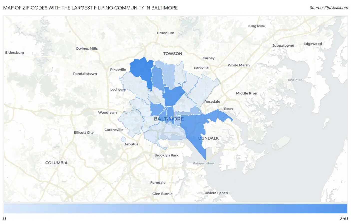 Zip Codes with the Largest Filipino Community in Baltimore Map