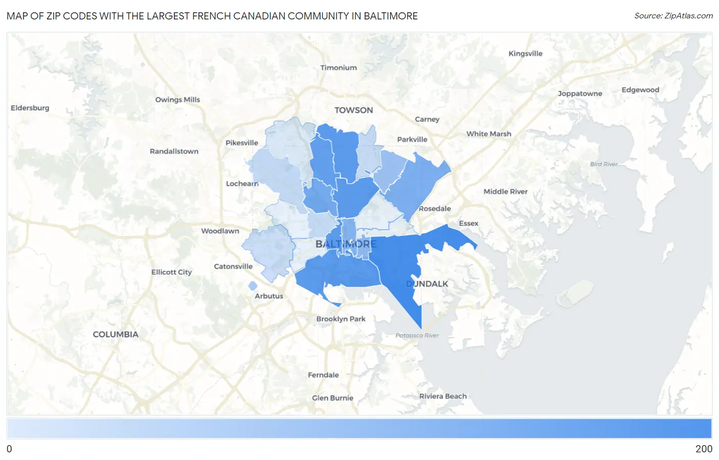 Zip Codes with the Largest French Canadian Community in Baltimore Map