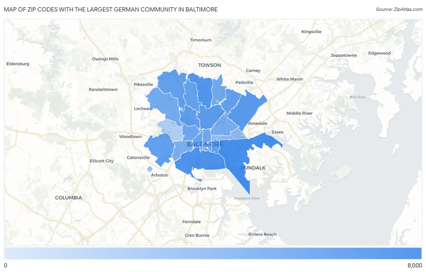 Zip Codes with the Largest German Community in Baltimore Map