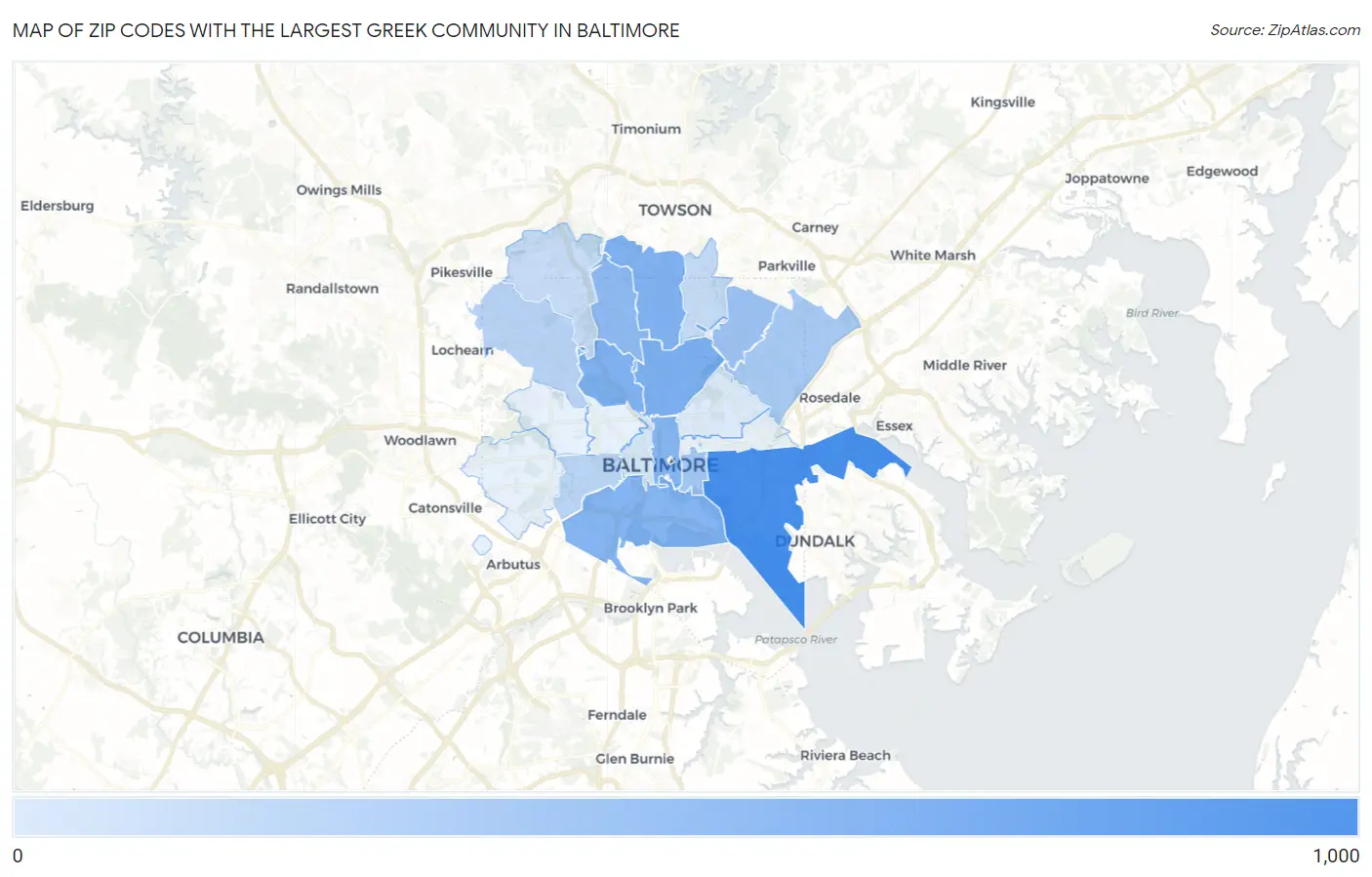 Zip Codes with the Largest Greek Community in Baltimore Map