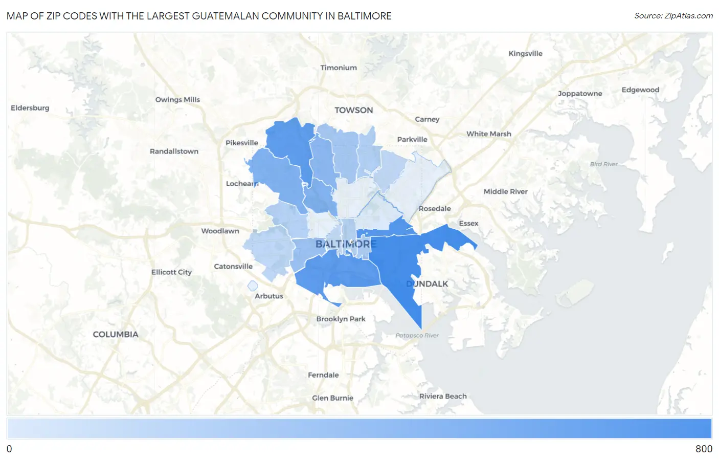 Zip Codes with the Largest Guatemalan Community in Baltimore Map
