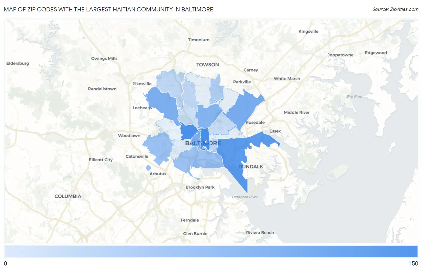 Zip Codes with the Largest Haitian Community in Baltimore Map