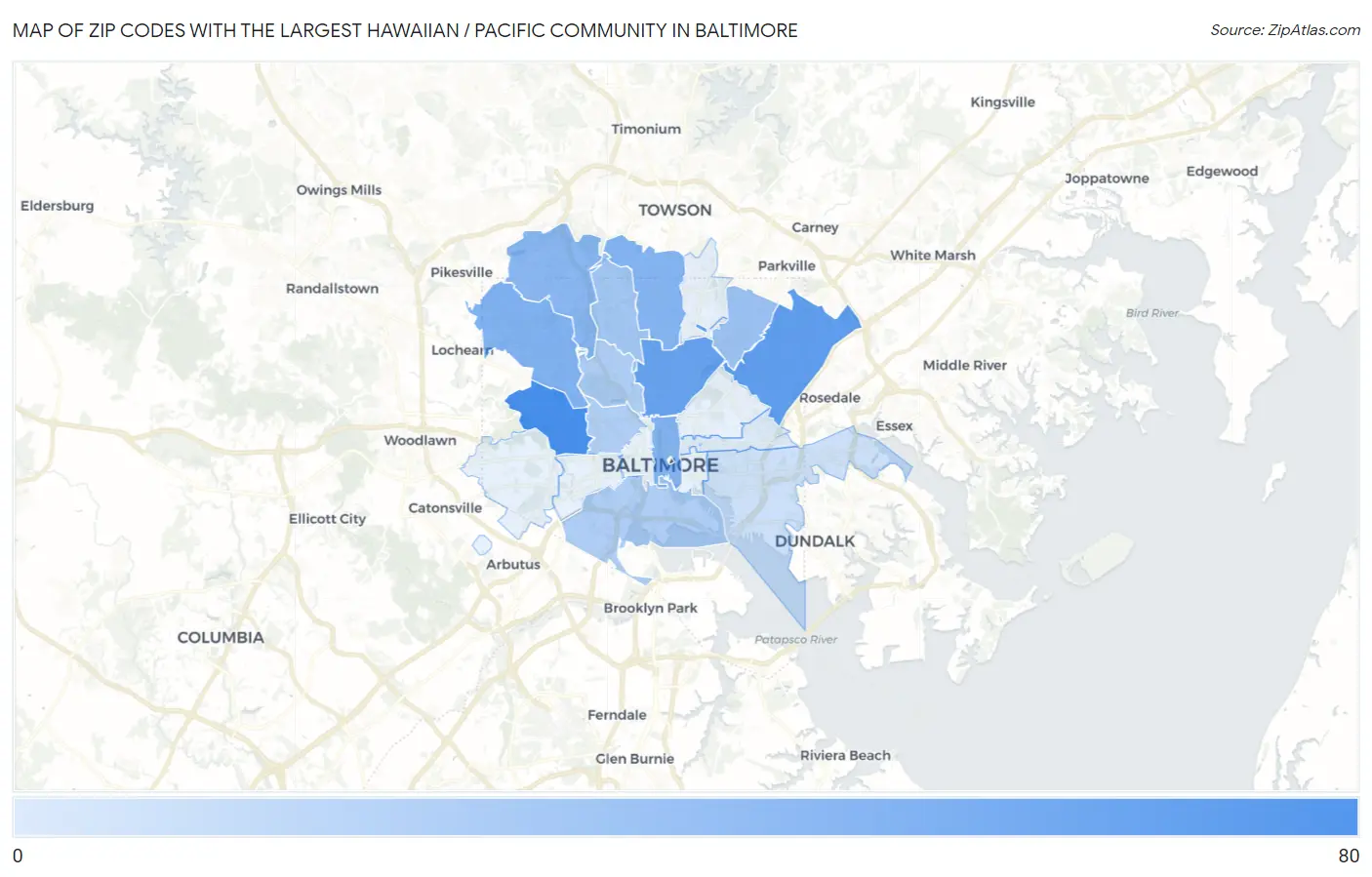 Zip Codes with the Largest Hawaiian / Pacific Community in Baltimore Map