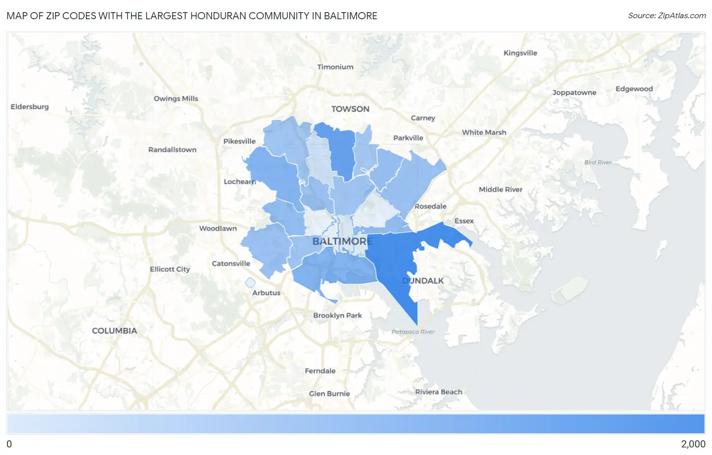 Zip Codes with the Largest Honduran Community in Baltimore Map