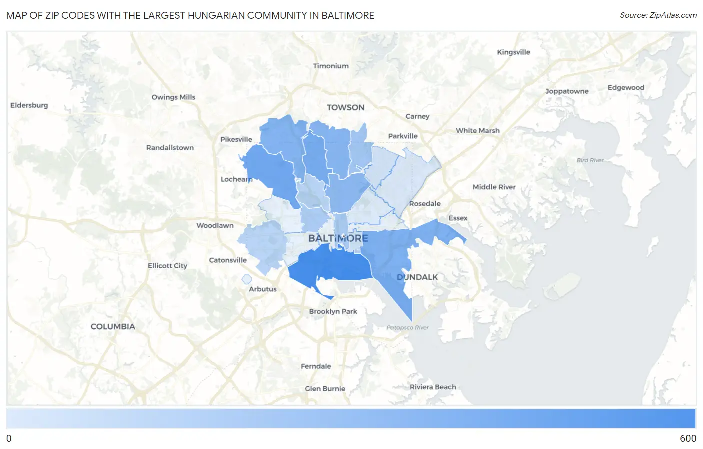 Zip Codes with the Largest Hungarian Community in Baltimore Map