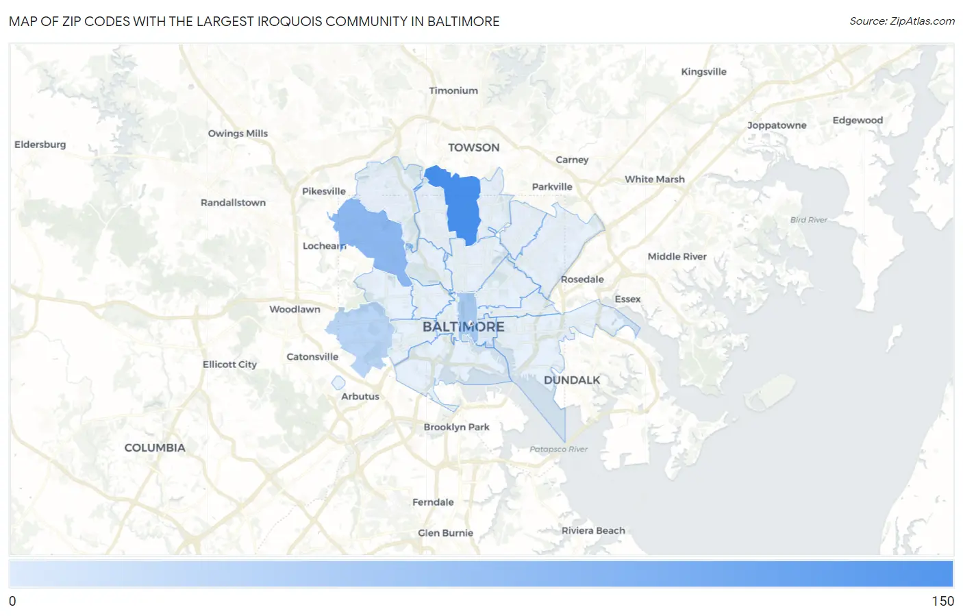 Zip Codes with the Largest Iroquois Community in Baltimore Map