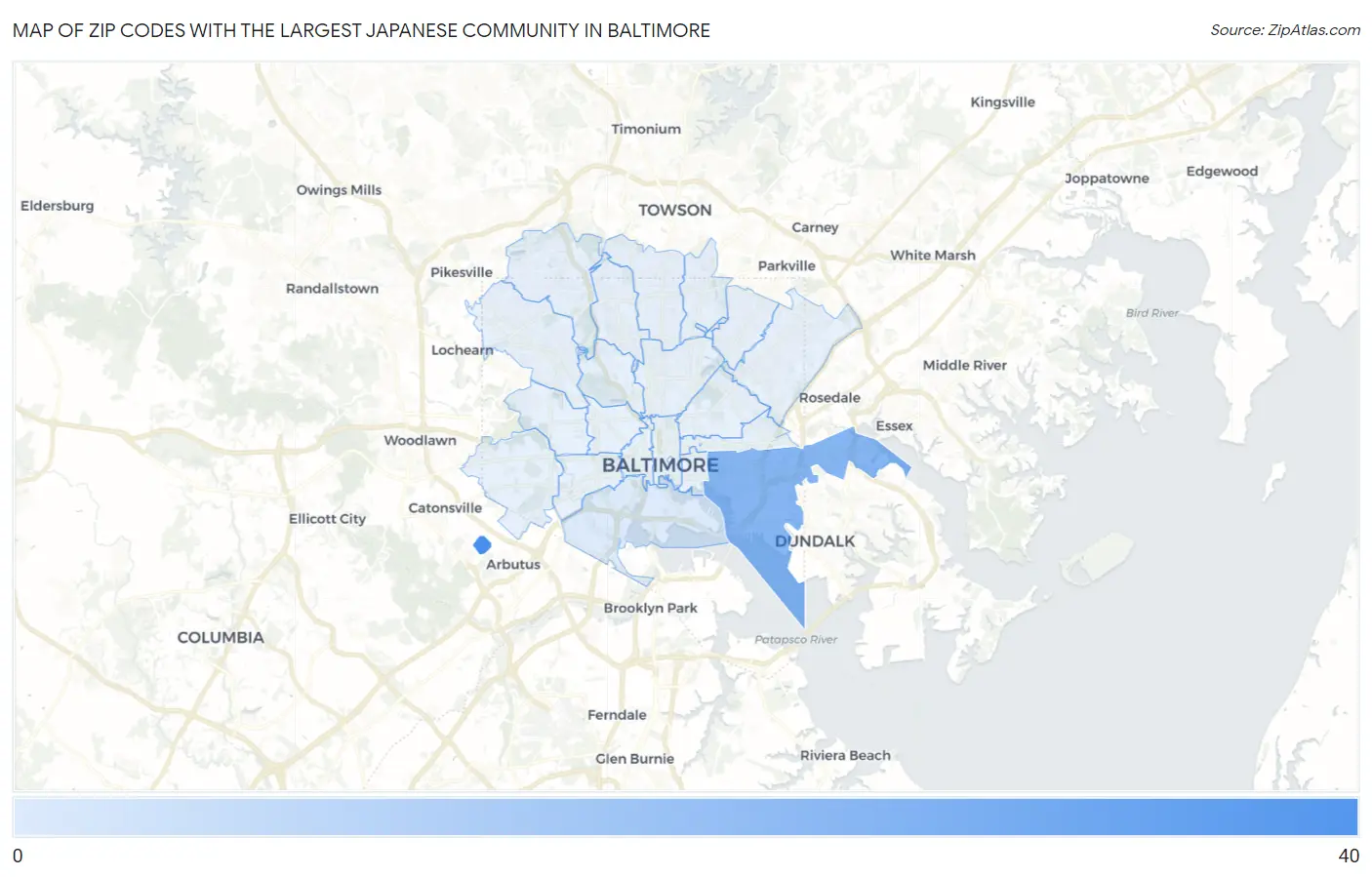 Zip Codes with the Largest Japanese Community in Baltimore Map