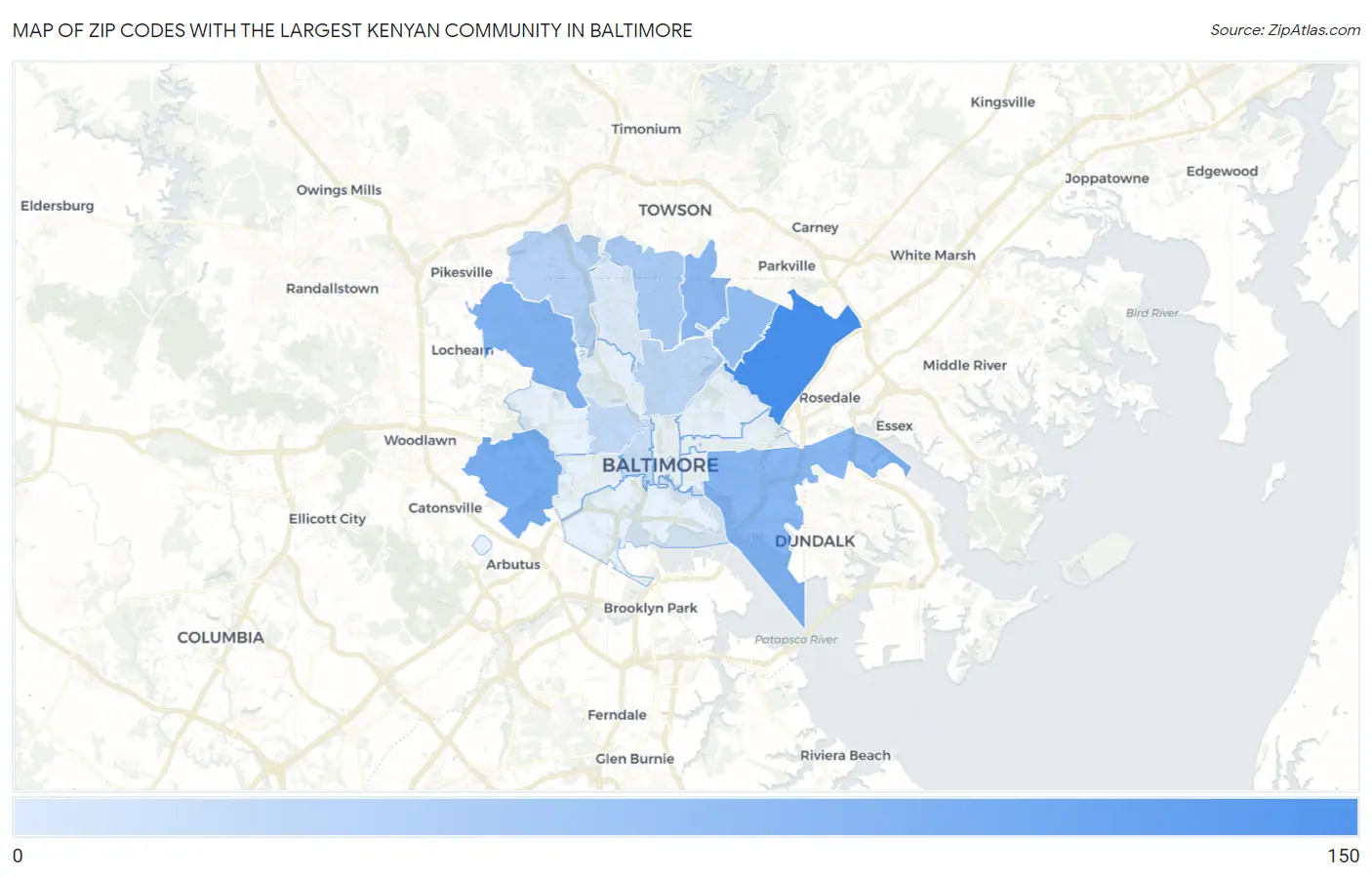 Zip Codes with the Largest Kenyan Community in Baltimore Map