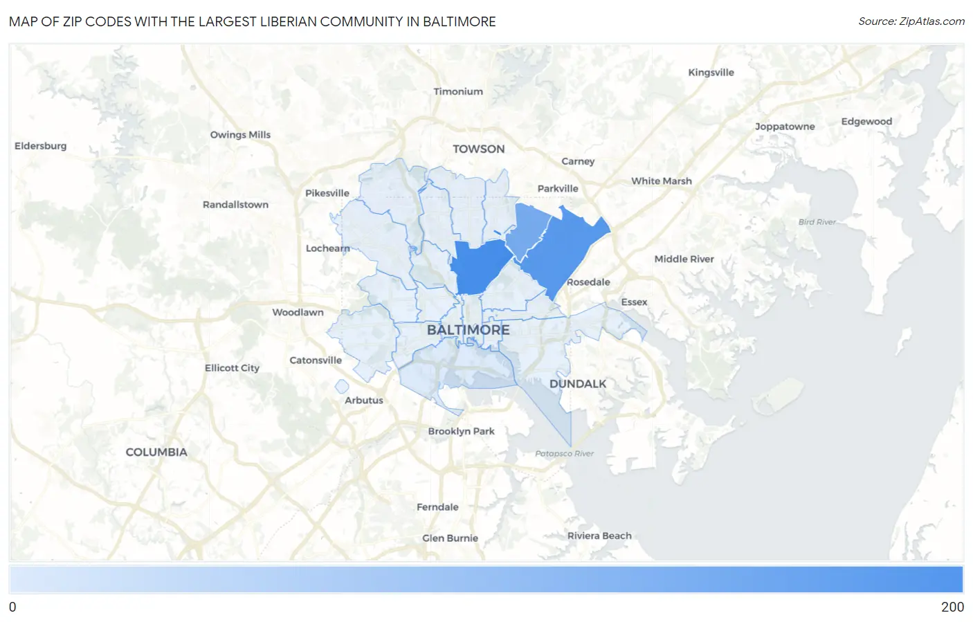 Zip Codes with the Largest Liberian Community in Baltimore Map