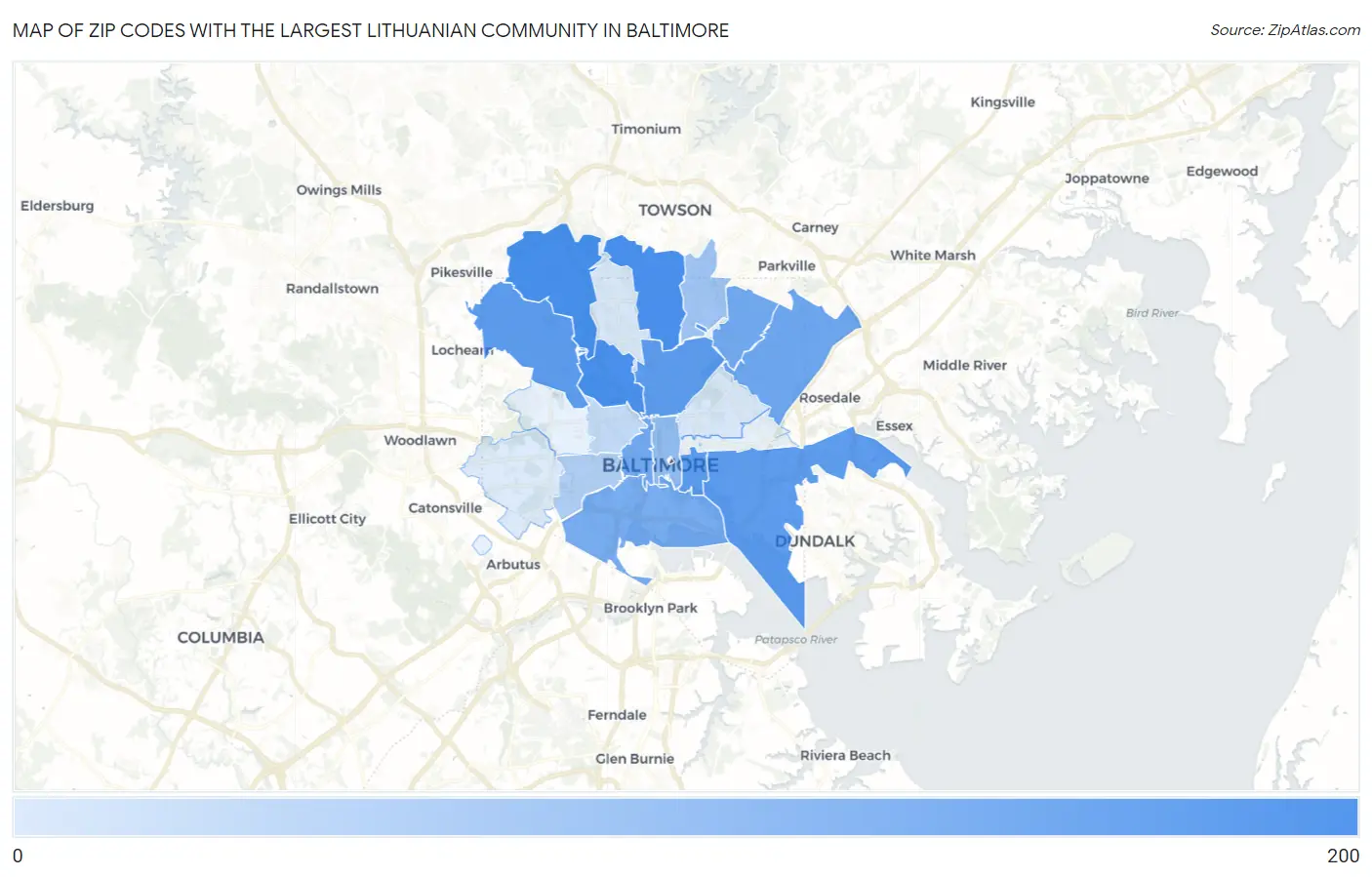 Zip Codes with the Largest Lithuanian Community in Baltimore Map