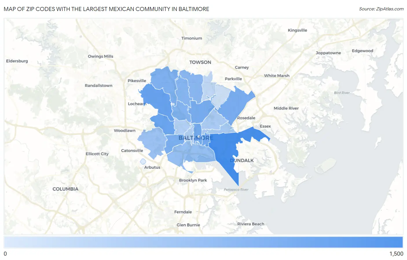 Zip Codes with the Largest Mexican Community in Baltimore Map