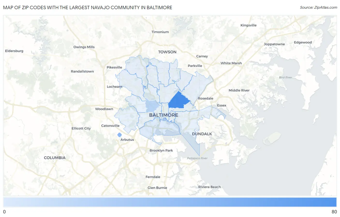 Zip Codes with the Largest Navajo Community in Baltimore Map