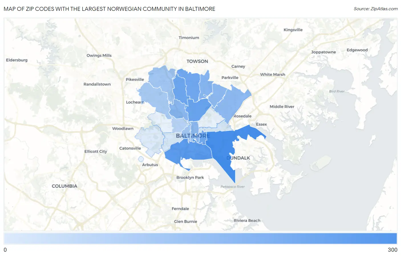 Zip Codes with the Largest Norwegian Community in Baltimore Map