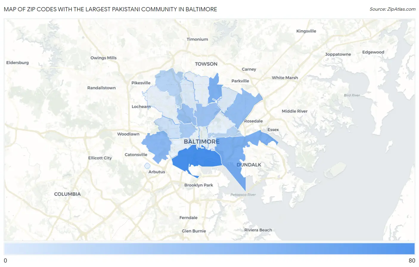 Zip Codes with the Largest Pakistani Community in Baltimore Map