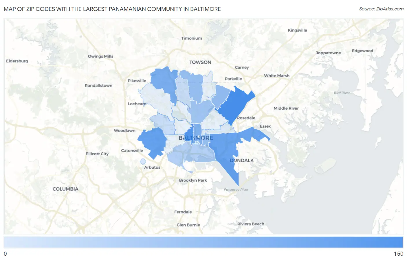 Zip Codes with the Largest Panamanian Community in Baltimore Map