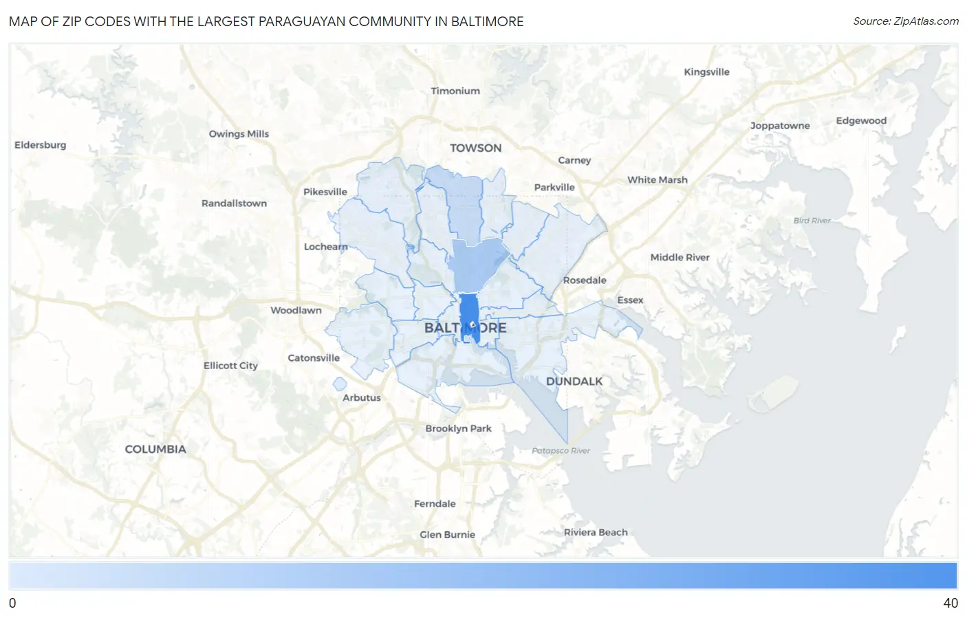 Zip Codes with the Largest Paraguayan Community in Baltimore Map