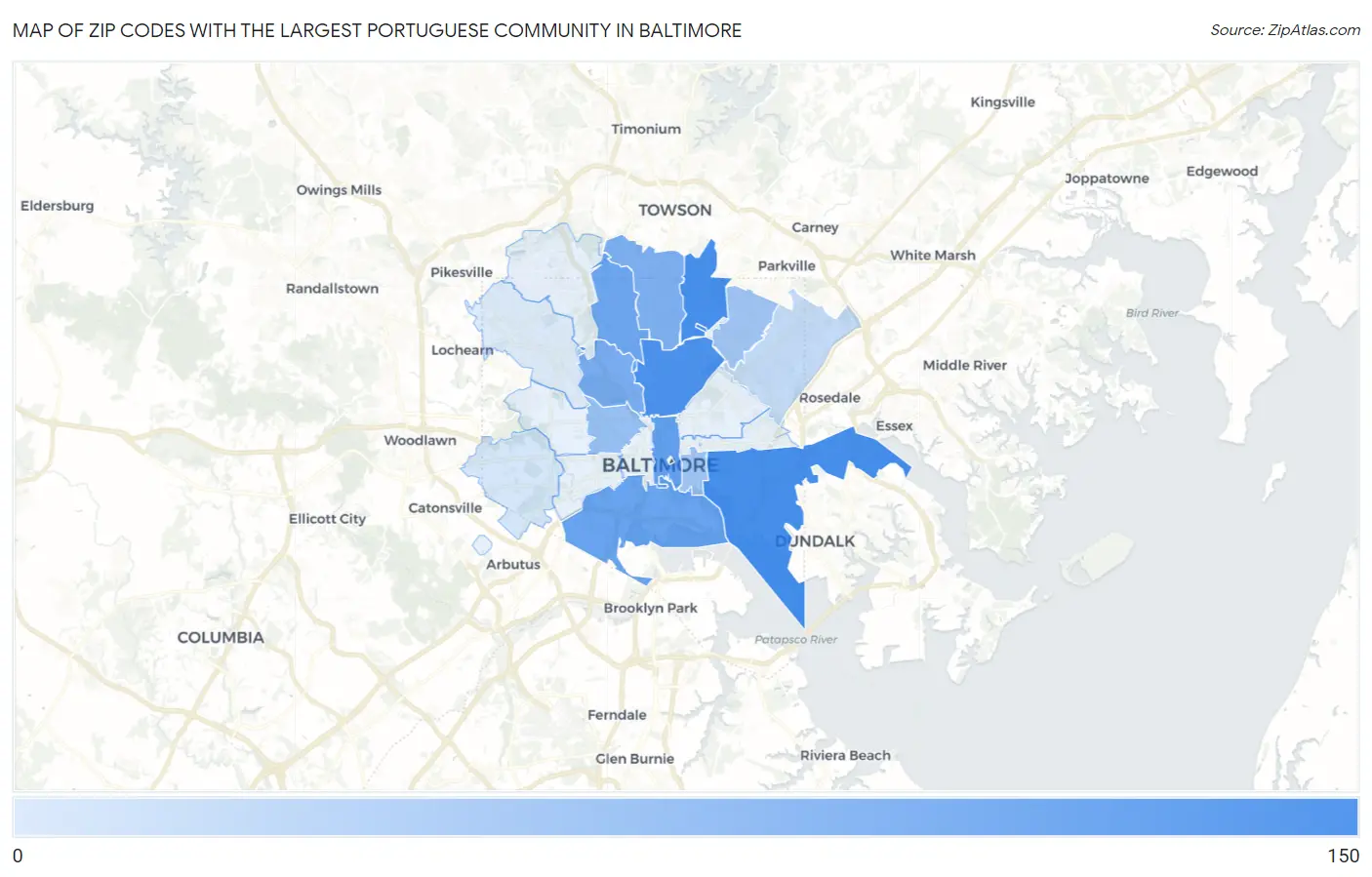 Zip Codes with the Largest Portuguese Community in Baltimore Map