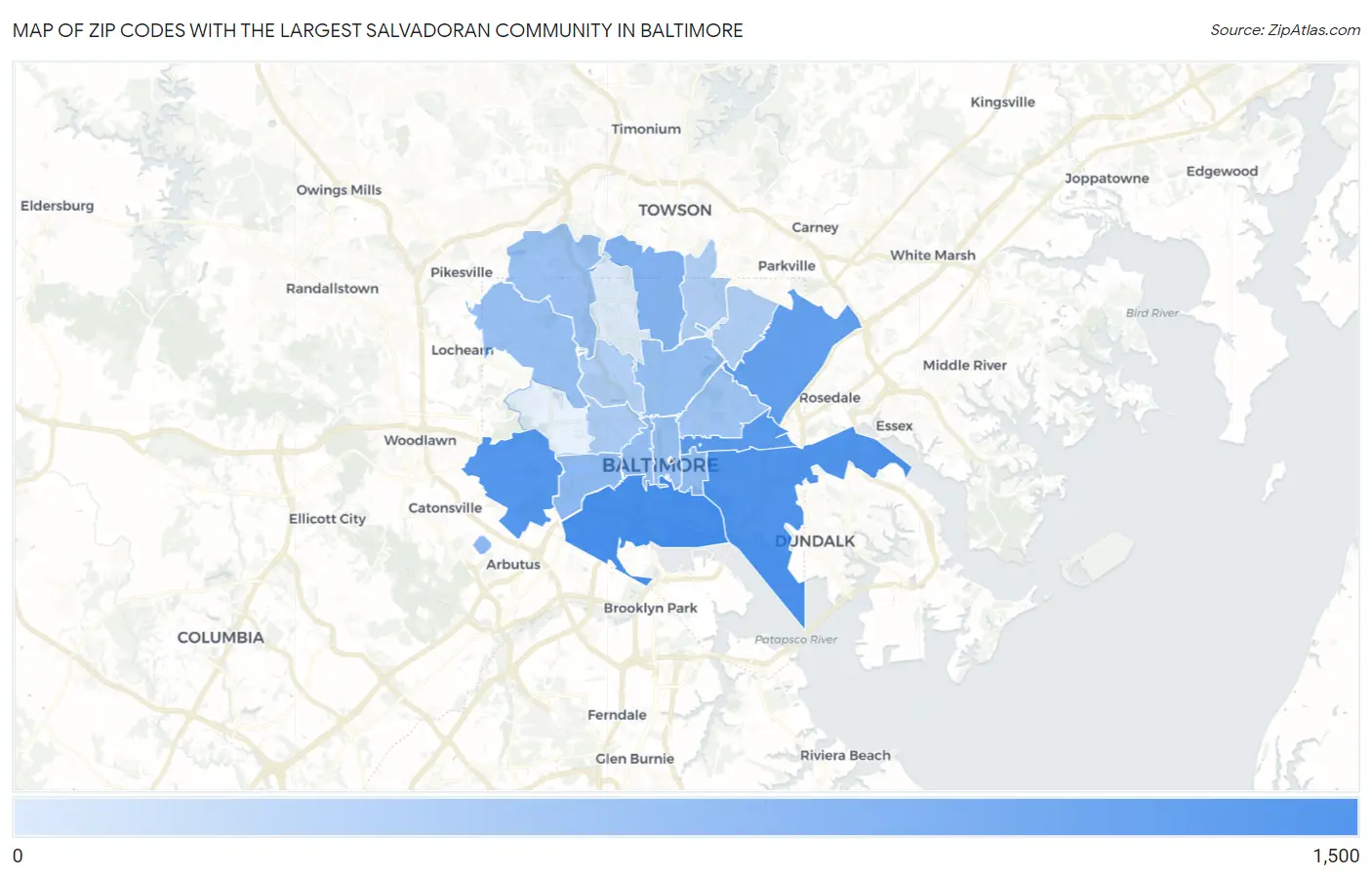 Zip Codes with the Largest Salvadoran Community in Baltimore Map