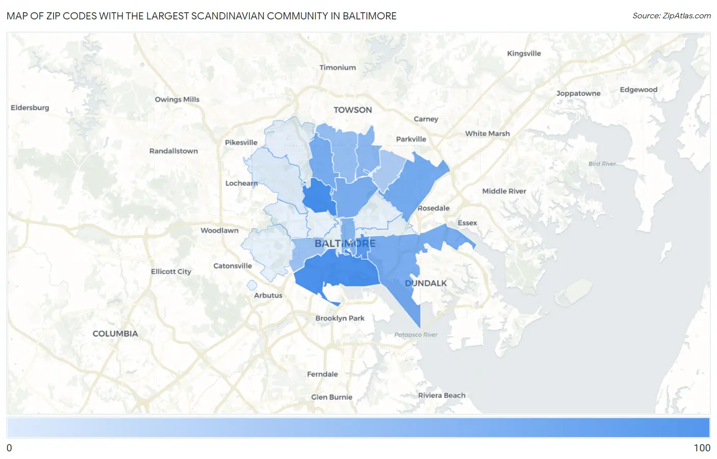 Zip Codes with the Largest Scandinavian Community in Baltimore Map
