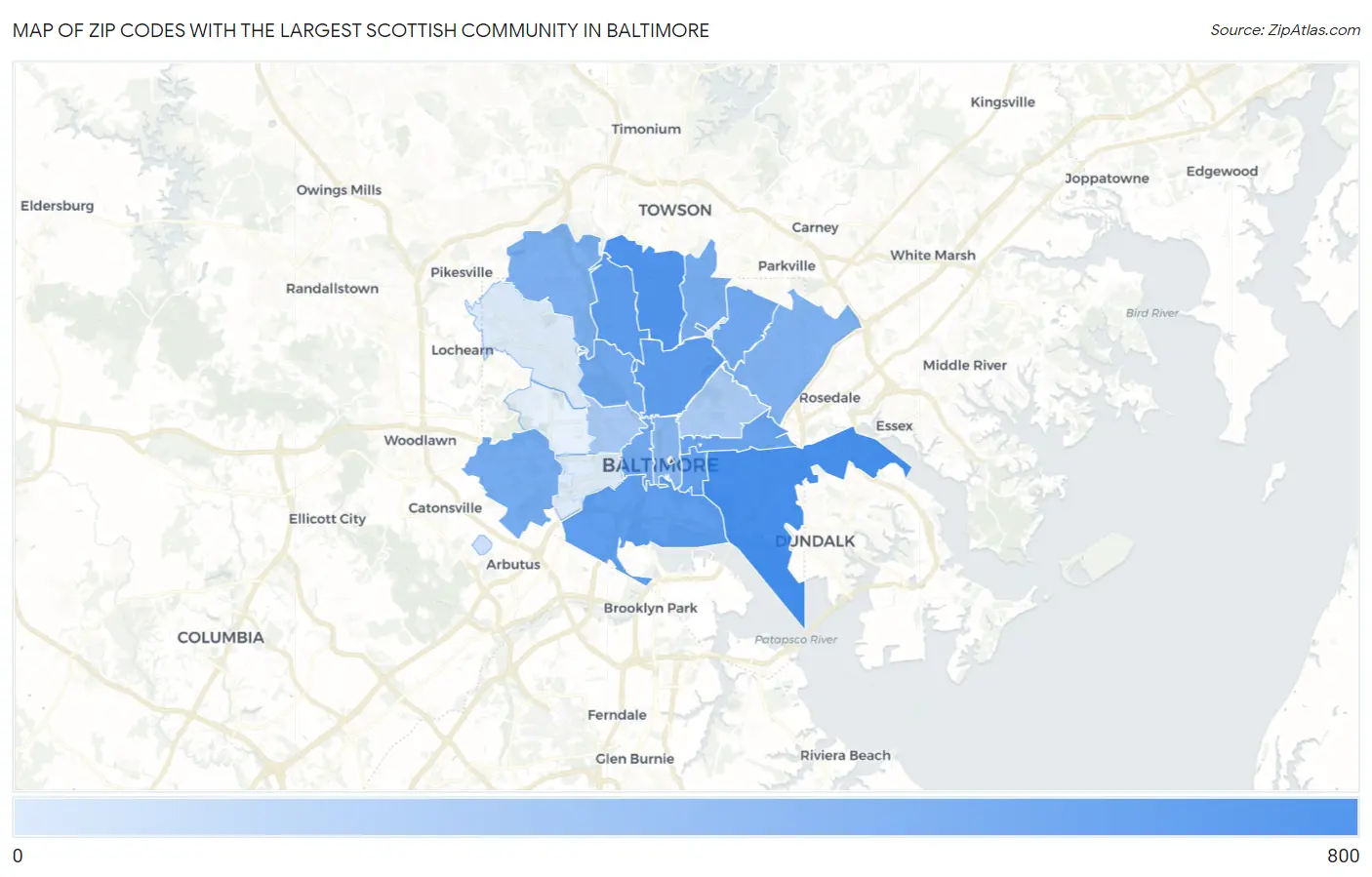 Zip Codes with the Largest Scottish Community in Baltimore Map