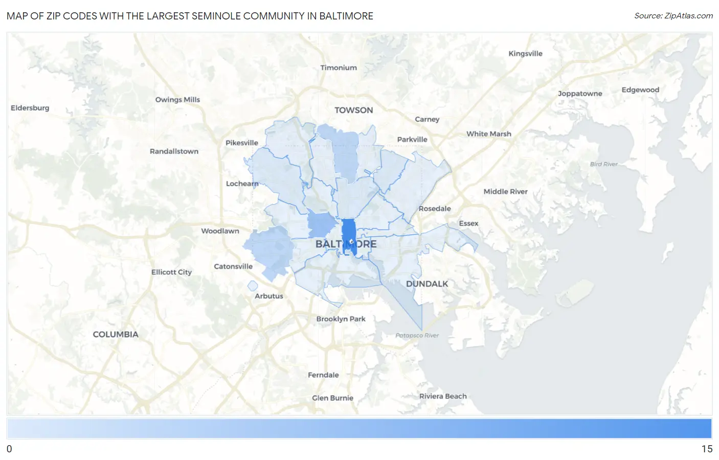 Zip Codes with the Largest Seminole Community in Baltimore Map
