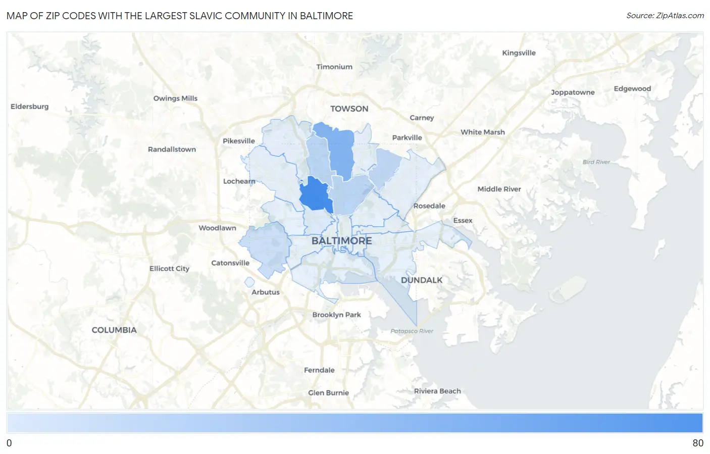 Zip Codes with the Largest Slavic Community in Baltimore Map