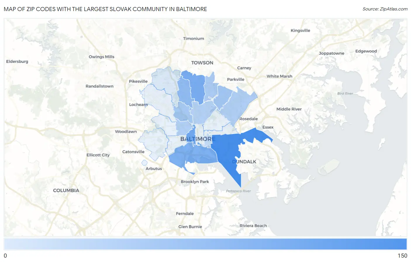 Zip Codes with the Largest Slovak Community in Baltimore Map