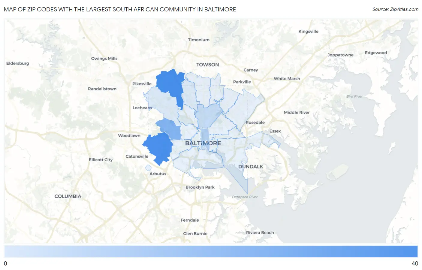Zip Codes with the Largest South African Community in Baltimore Map