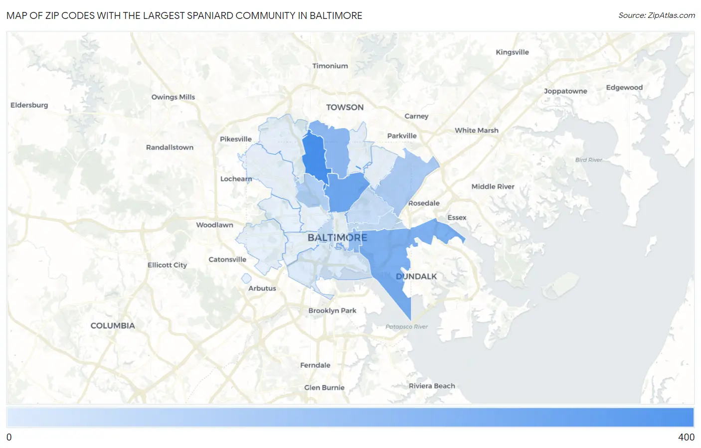 Zip Codes with the Largest Spaniard Community in Baltimore Map